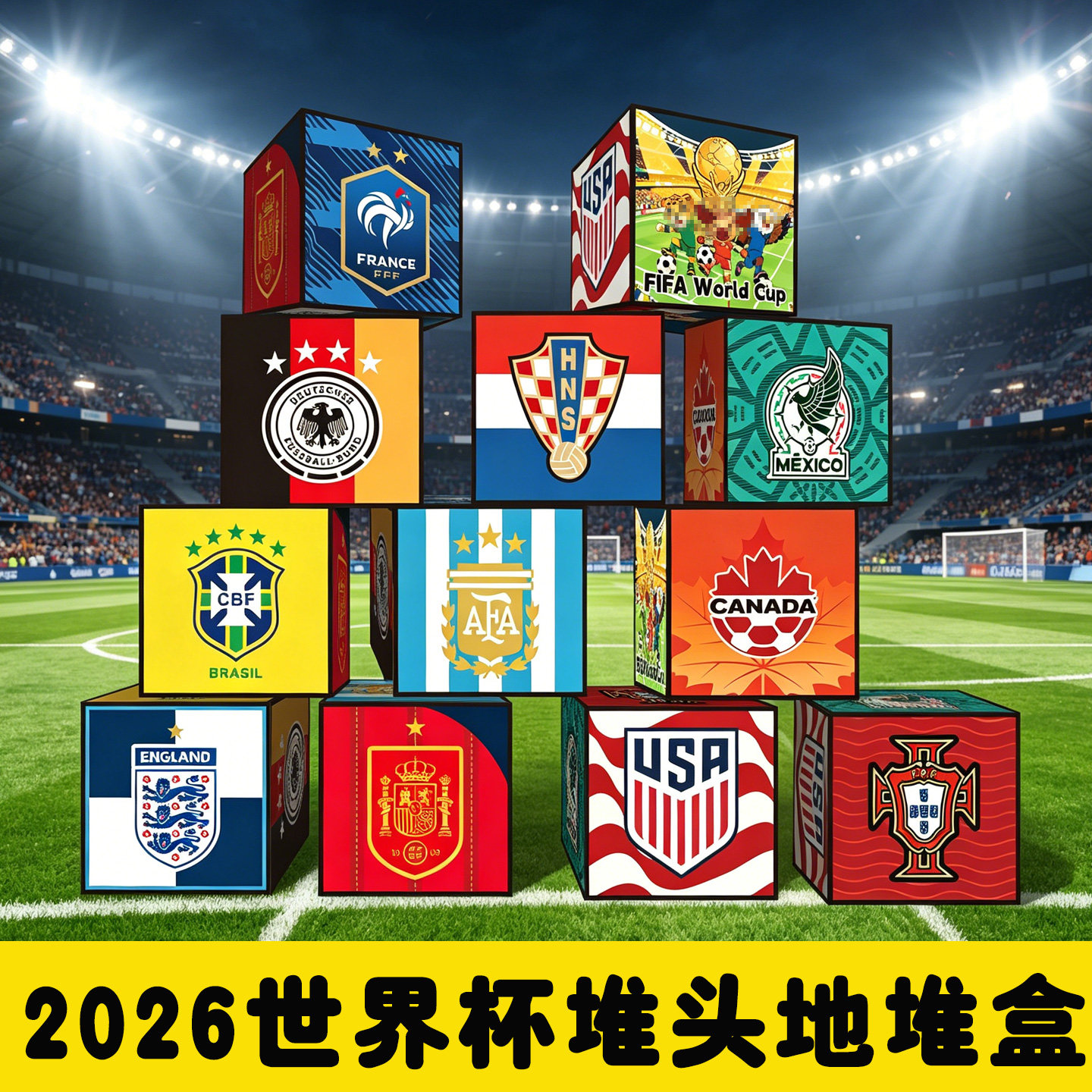 2026美加墨世界杯装饰地堆盒子体彩店酒吧场景布置国家队图案堆头
