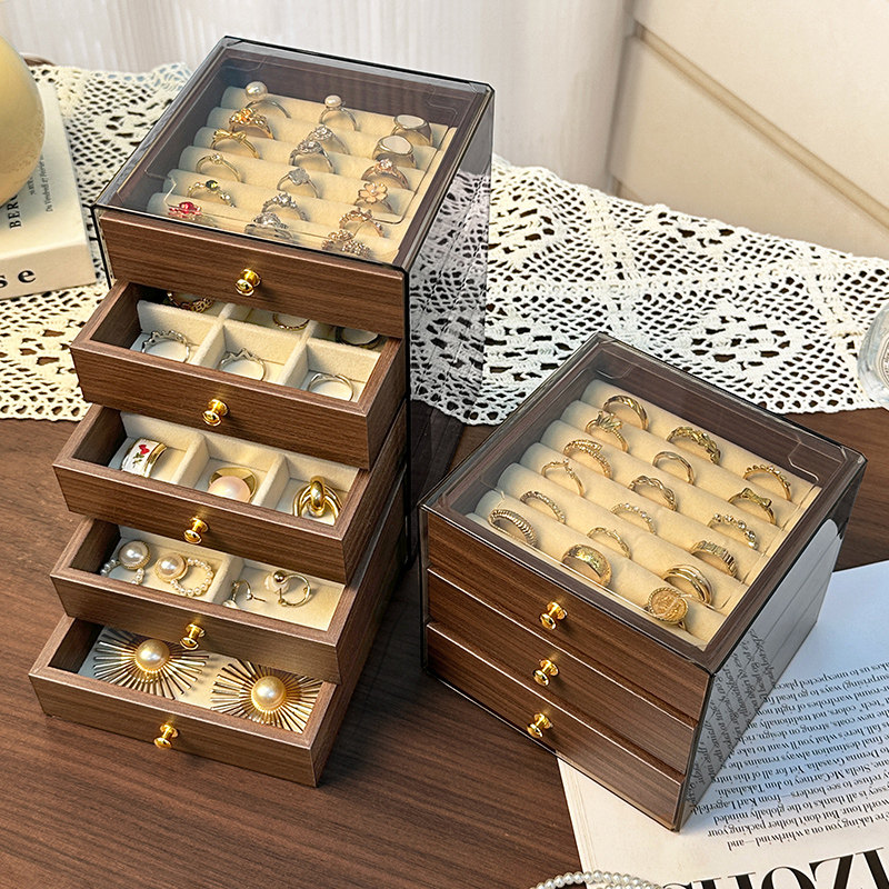 首饰盒大容量胡桃木纹项链戒指抽屉盒高档精致耳环钉手饰品收纳盒,收纳整理,首饰盒,淘宝优惠券,粉丝福利购,淘宝优惠卷