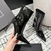 漆皮时尚 高跟鞋 瘦瘦靴粗跟中筒靴子 春秋季 尖头高跟短靴女2025新款