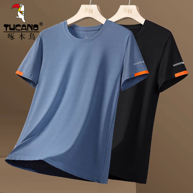 啄木鸟夏季冰丝短袖T恤男凉感速干透气半袖薄款健身休闲运动上衣