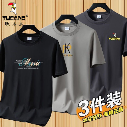 啄木鸟男士圆领纯棉短袖T恤夏季新款宽松大码休闲印花半袖打底衫
