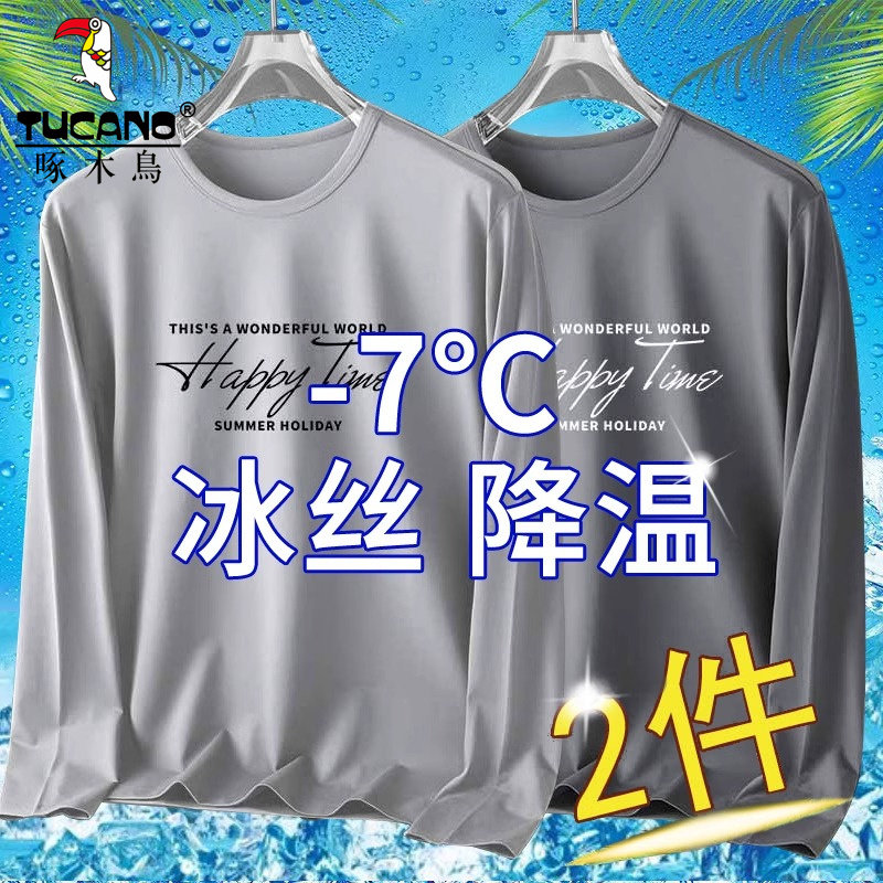 啄木鸟夏季网眼冰丝薄款长袖t恤男士大码宽松百搭圆领印花排汗衫