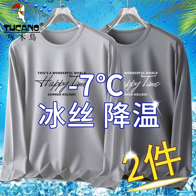 啄木鸟夏季网眼冰丝薄款长袖t恤男士大码宽松百搭圆领印花排汗衫