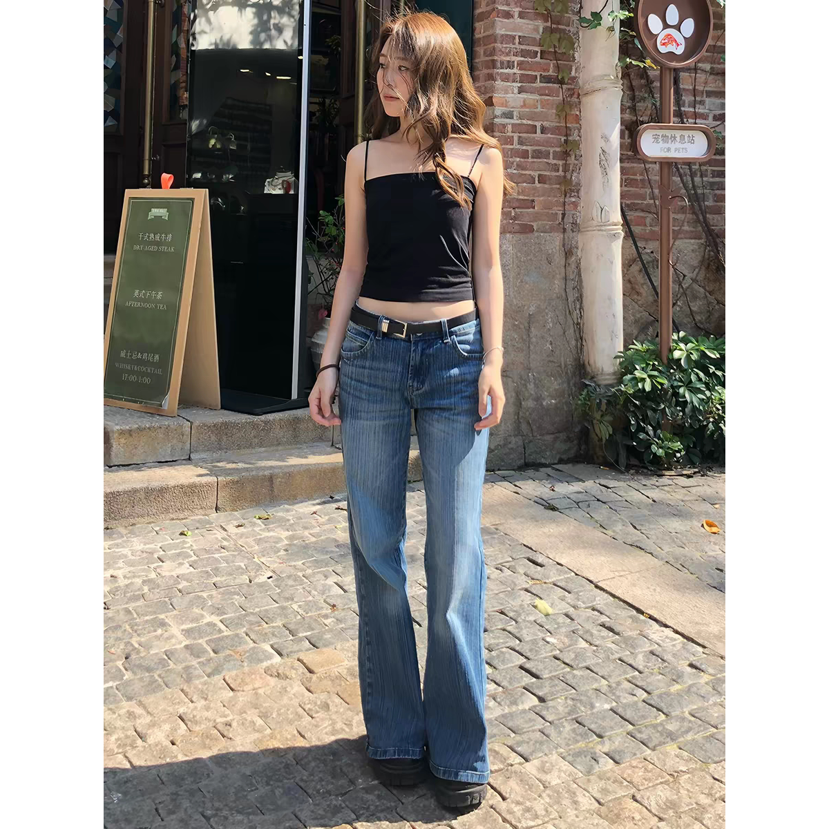 2026夏季新款重工竹节纹水洗蓝牛仔裤女低腰显瘦不贴腿直筒长裤
