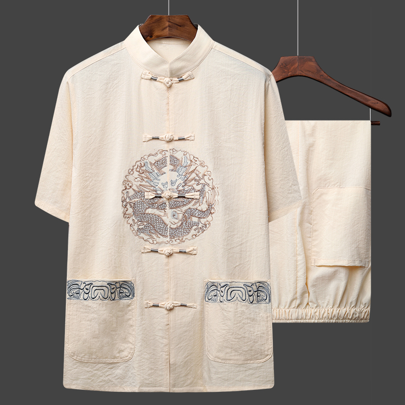 中老年人唐装男短袖套装中国风夏天薄款老人衣服爷爷爸爸棉麻夏装