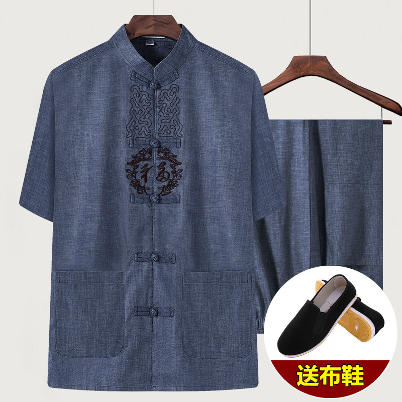 亚麻唐装男短袖套装中老年人夏季老人衣服爷爷60-70-80岁爸爸夏装