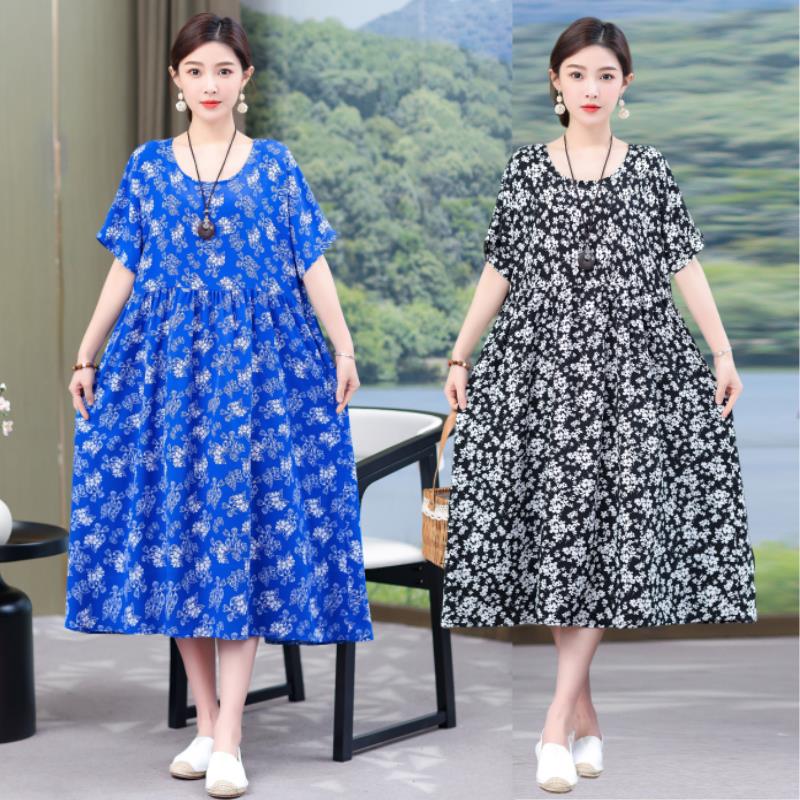 妈妈夏装棉绸连衣裙中老