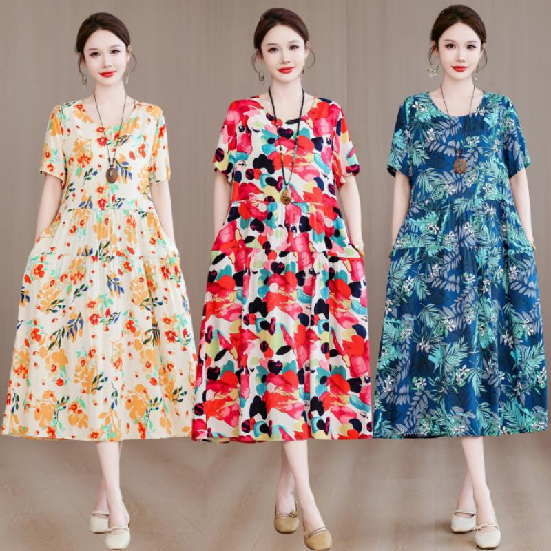 中老年夏装棉绸连衣裙宽