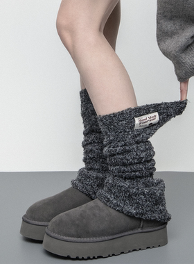 SS2L秋冬纯色软糯混纱毛绒绣标少女风加厚保暖针织袜套堆堆袜女