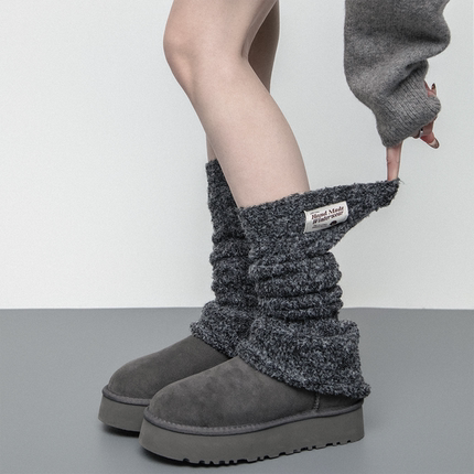SS2L秋冬纯色软糯混纱毛绒绣标少女风加厚保暖针织袜套堆堆袜女