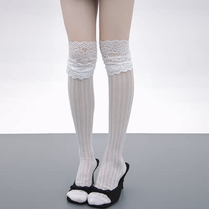 SS2L夏秋蕾丝花边少女风竖纹镂空薄款过膝袜小腿袜堆堆袜长筒袜子