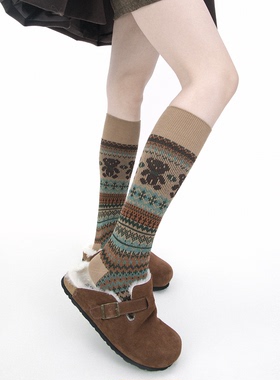 SS2L秋冬复古小熊菱格费尔岛风双针微压力显瘦长筒小腿堆堆袜女