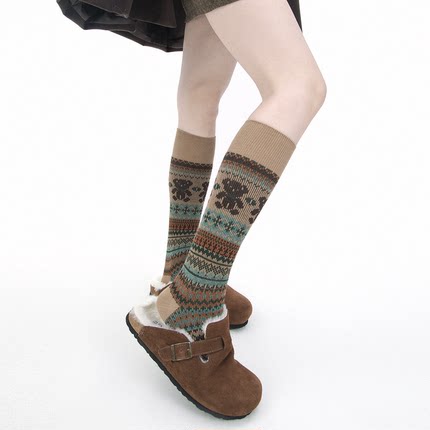SS2L秋冬复古小熊菱格费尔岛风双针微压力显瘦长筒小腿堆堆袜女