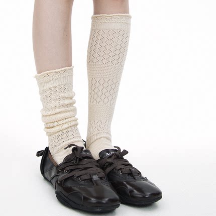 SS2L秋冬纯色简约粗线镂空针织波西米亚长筒小腿袜日系堆堆袜女