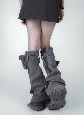 WENCIHAM23秋冬水洗灰色牛仔针织拼接口袋废土机能风辣妹腿套袜套