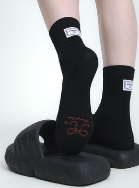 SS2L简约韩系绣标蝴蝶结印花少女红色无骨中筒袜子堆堆袜女ins潮