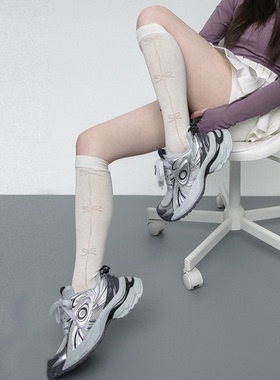 SS2L春夏薄纱透明蝴蝶结提花芭蕾少女纯色小腿袜长筒袜子女堆堆袜