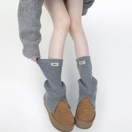 SS2L秋冬加厚保暖开衩微喇叭针织标签堆堆袜套纯色简约雪地靴腿套