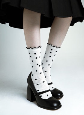 SS2L夏季波点艺术卷边少女风薄款镂空网眼透气中筒袜子女ins潮