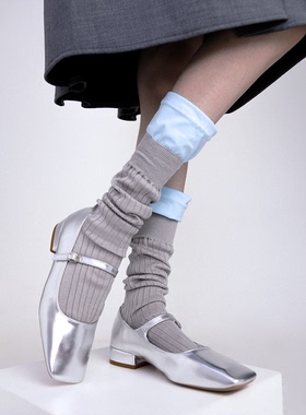 SS2L春夏时尚莫兰迪灰拼色双袜口设计双针长筒袜子女堆堆袜ins潮