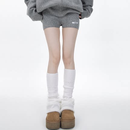 SS2L秋冬羊毛亮丝并线卷边喇叭口镂空针织袜套腿套加厚保暖堆堆袜