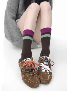 SS2L秋冬miu系复古简约撞色拼接宽条纹双针棉中筒袜子堆堆袜女