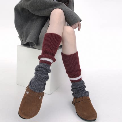 SS2L秋冬夹心撞色针织拼接格雷系美拉德色系加厚保暖长筒堆堆袜套