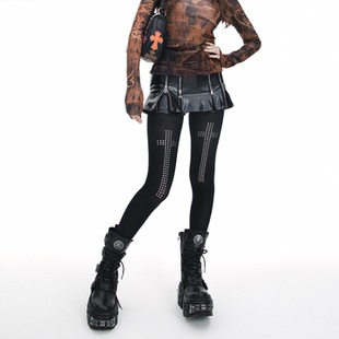 SS2L春夏千禧暗黑朋克十字架铆钉烫钻微透肤打底连裤 袜丝袜女ins