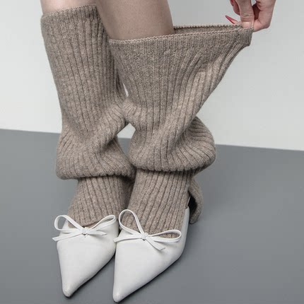 SS2L秋冬极简纯色水洗高弹柔软羊毛针织开叉加厚保暖腿套袜套女