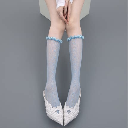 SS2L春夏可露丽风多巴胺花边袜口少女风蕾丝渔网小腿袜丝袜女ins