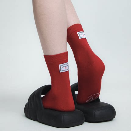 SS2L韩系简约少女风绣标蝴蝶结印花无骨月子袜中筒袜子女堆堆袜