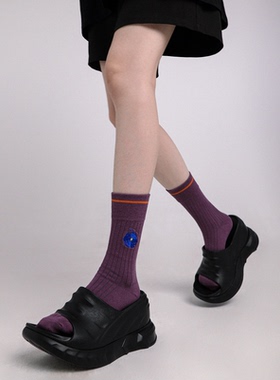 SS2L经典蓝色花朵刺绣小众时尚潮流双针竖纹中筒袜子女ins潮袜