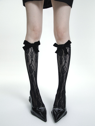 SS2L24春夏镂空蕾丝提花蝴蝶结甜酷少女薄中筒丝袜小腿袜子女