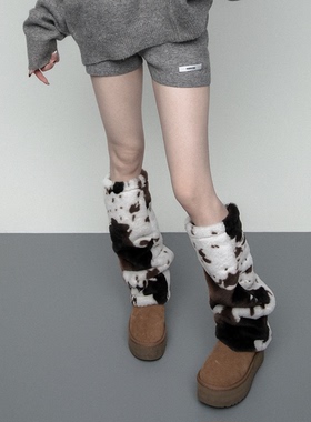 SS2L秋冬奶牛斑纹动物纹毛绒加厚保暖仿皮草堆堆袜套腿套女ins潮