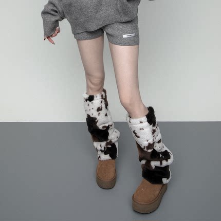 SS2L秋冬奶牛斑纹动物纹毛绒加厚保暖仿皮草堆堆袜套腿套女ins潮