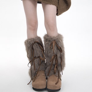 SS2L秋冬丝带蝴蝶结y2k千禧辣妹仿兔绒皮草毛绒袜套加厚保暖腿套