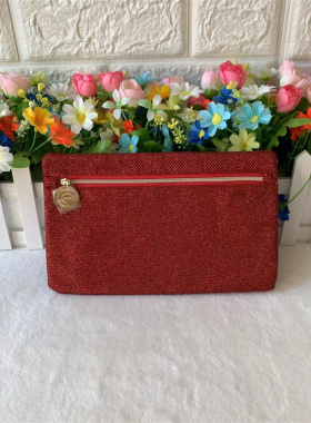 包邮碧欧泉亮闪红色网格化妆包扁平式信封包简约手拿包便携收纳包