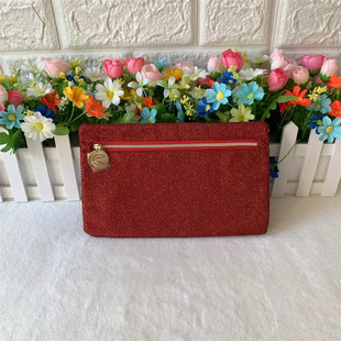 包邮碧欧泉亮闪红色网格化妆包扁平式信封包简约手拿包便携收纳包