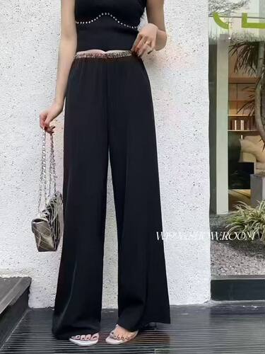 轻奢高端醋酸缎面裤子女夏季薄款烫钻高级感垂坠直筒拖地阔腿裤女