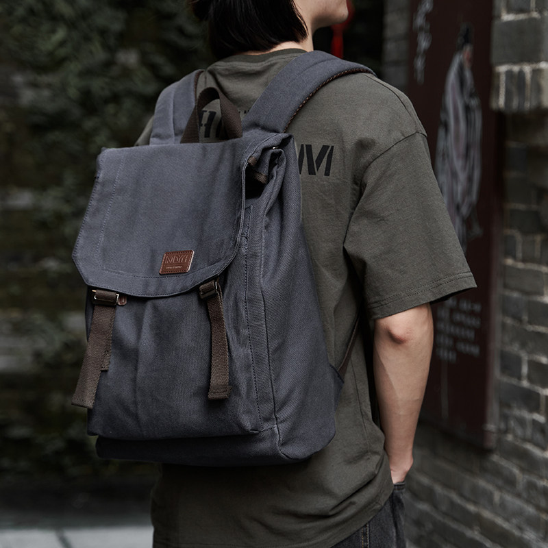 帆布简约书包高中生双肩包男背包日系潮流大学生休闲大容量旅行包