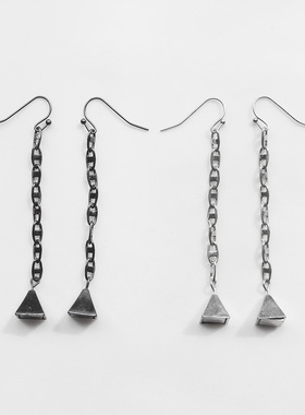 eshjgp38超细长夸张大耳环钉欧美链条流苏黑色银色朋克三角金字塔