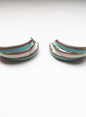 eshjgp60耳钉欧美外贸简约复古宫廷金色绿白长条纹超大夸张孤品