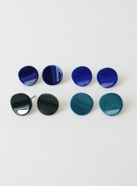 hjes16耳钉欧美极简约基础通勤复古几何圆形立体凹片深蓝宝蓝湖绿