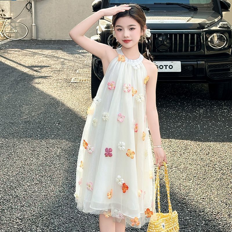 2025新款夏季女童超仙连衣裙飘纱立体花瓣花朵挂脖无袖系带公主裙