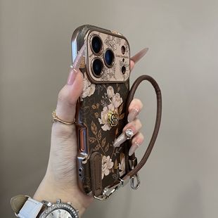 秋冬复古皮质油画花朵适用苹果17promax手机壳全包iphone16pro时尚15气质14防摔13保护套