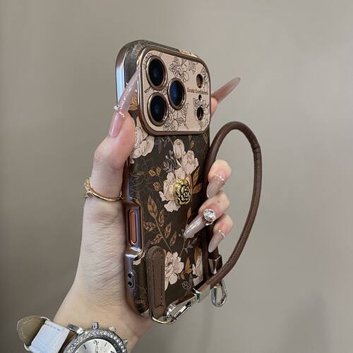 秋冬复古皮质油画花朵适用苹果17promax手机壳全包iphone16pro时尚15气质14防摔13保护套