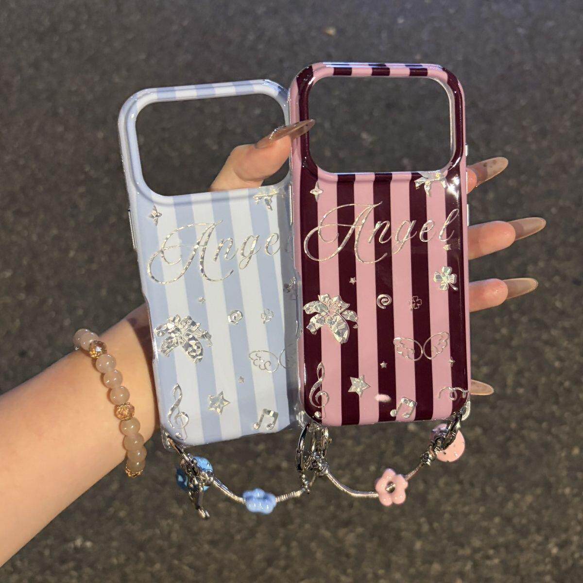韩系ins撞色条纹英文星星翅膀适用iPhone18promax手机壳苹果17pro新款16pm双层15pro小清新15波点腕带防摔套
