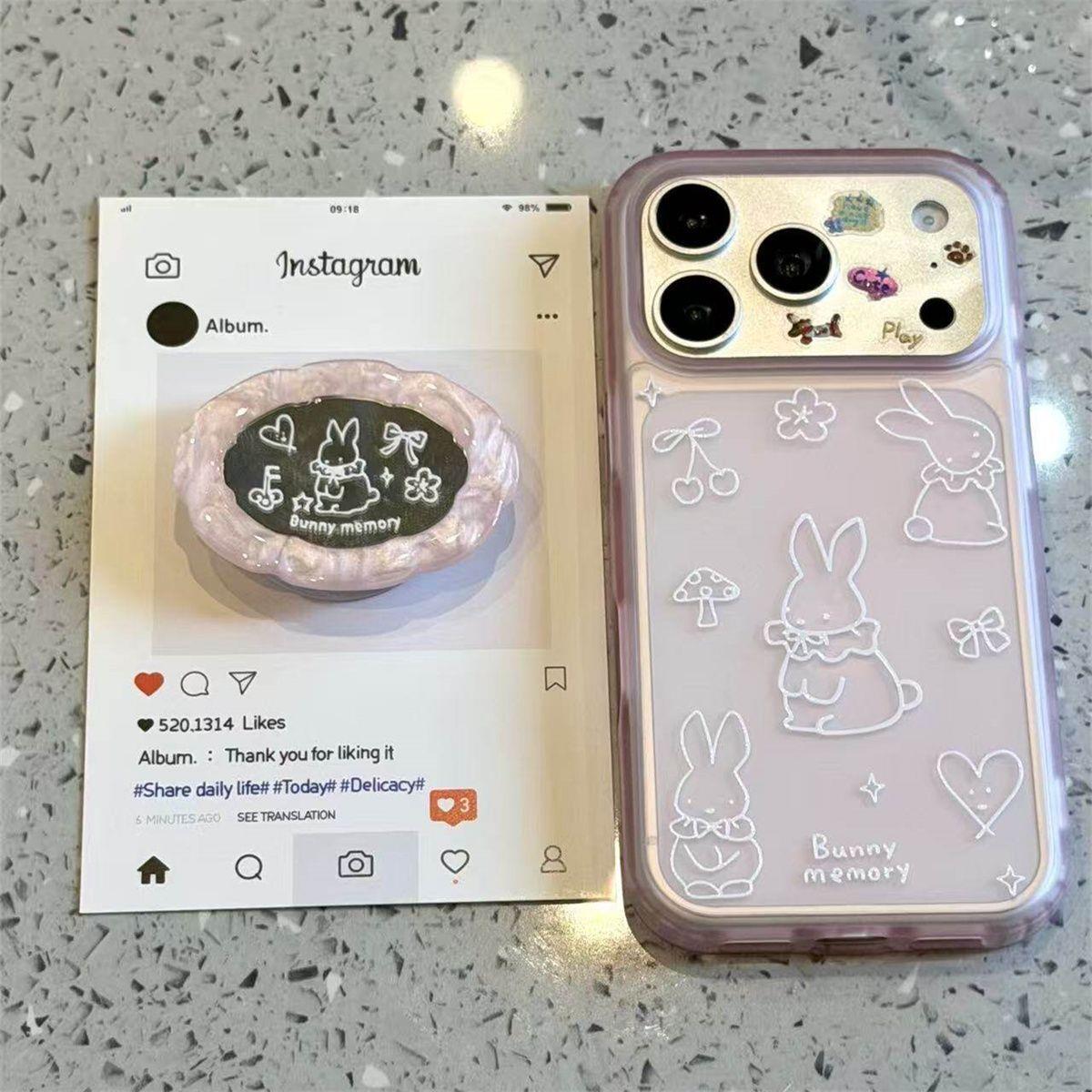 可爱卡通线条兔子镜子支架适用苹果17promax手机壳iPhone16pro新款15pro女16pm小众15pm创意17pro少女16全包