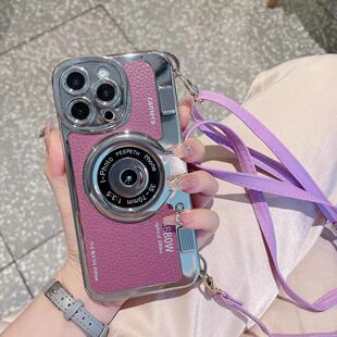 苹果13promax手机壳新款11复古相机12手提斜挎15pro带挂绳13promax创意iPhone14女款皮绳高级感软壳防摔适用