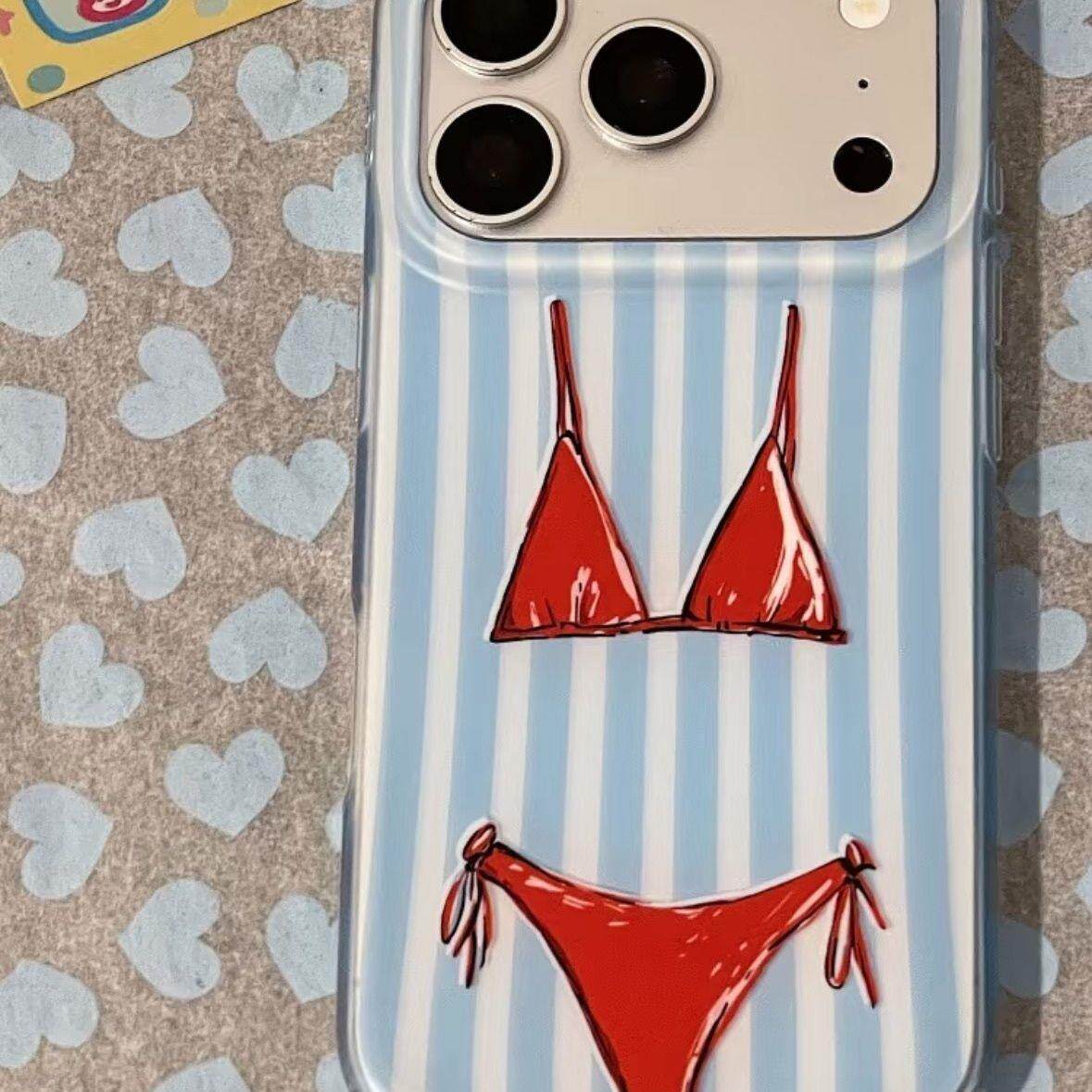 ins蓝色条纹红色比基尼适用iphone17promax苹果16手机壳15iPhone少女iphone16promax卡通保护套性感